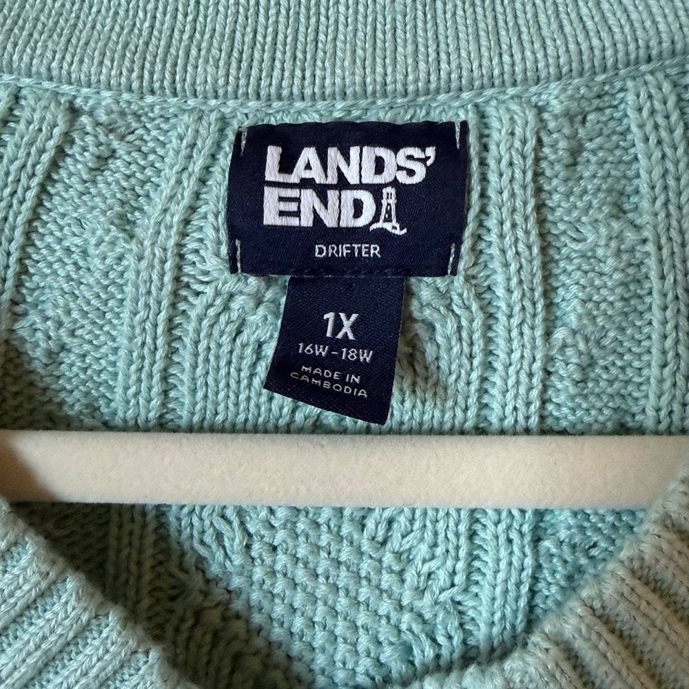 Lands’ End Drifter Cable Knit Cardigan 1X 16W Mint Seafoam Cotton Button Front - Picture 2 of 5